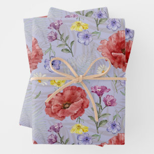 Feuille De Papier Cadeau Motif Fleur sauvage moderne violet et rouge