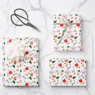 Feuille De Papier Cadeau Motif fleur sauvage rouge et jaune