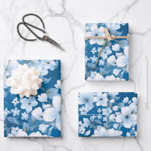 Feuille De Papier Cadeau motif, fleurs blanches, arrière - plan bleu,
