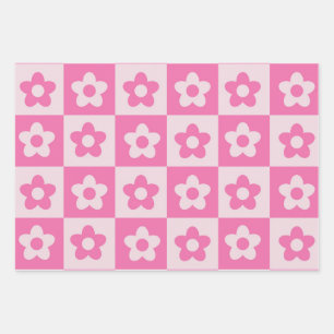 Feuille De Papier Cadeau Motif Fleurs Rétro Rose Chaud et Blanc à Damier