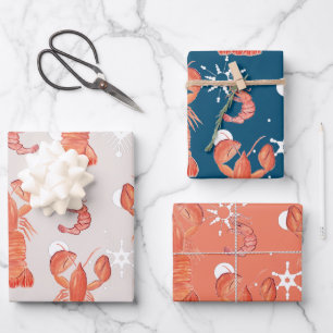 Feuille De Papier Cadeau Motif flocon de neige aquarelle crustacé homard