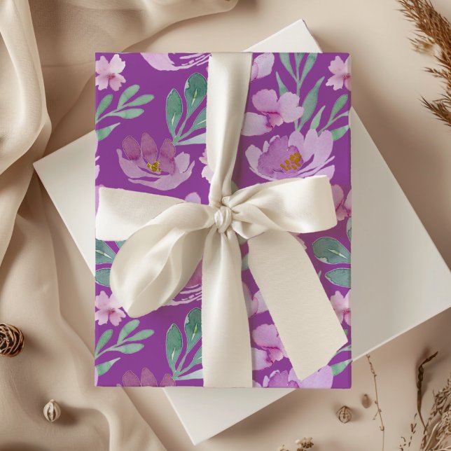 Feuille De Papier Cadeau Motif floral aquarelle rose rustique et magenta (Créateur téléchargé)