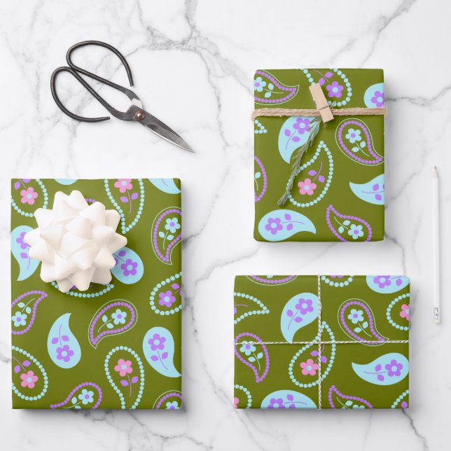 Feuille De Papier Cadeau Motif floral bleu et vert (Recto)