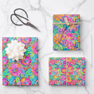 Feuille De Papier Cadeau Motif floral en rose vif, bleu, orange et vert