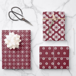 Feuille De Papier Cadeau Motif floral géométrique rouge + blanc  