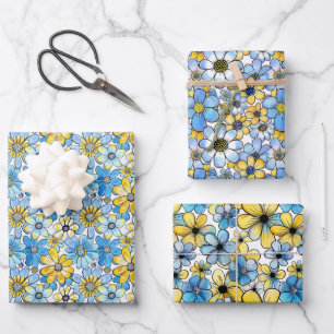 Feuille De Papier Cadeau Motif floral rétro jouable, bleu doux et jaune