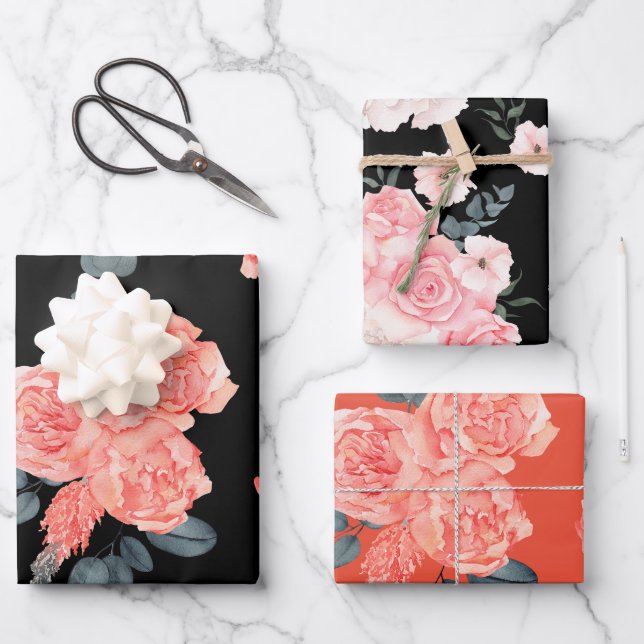 Feuille De Papier Cadeau Motif floral rose (Recto)
