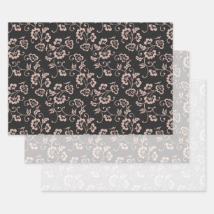 Feuille De Papier Cadeau Motif floral rose sur fond noir, gris et blanc
