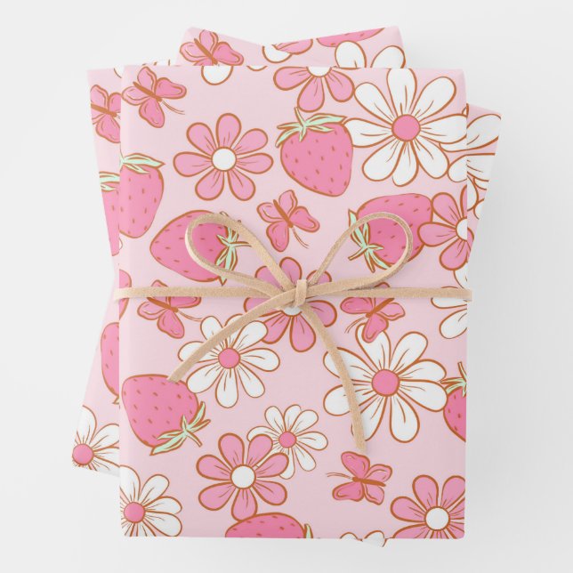 Feuille De Papier Cadeau Motif Fraise Daisy (En situation)