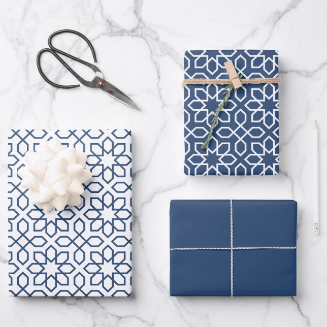 Feuille De Papier Cadeau Motif géométrique arabe de la marine (Recto)