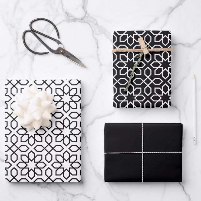 Feuille De Papier Cadeau Motif géométrique arabe noir (Recto)