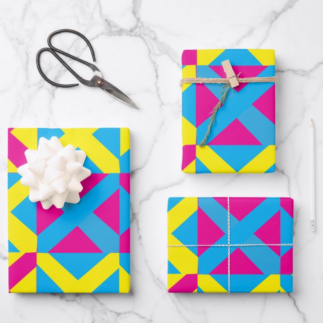 Feuille De Papier Cadeau Motif géométrique Carré bleu jaune rose (Recto)
