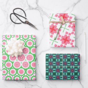 Feuille De Papier Cadeau Motif Géométrique En Rose Et Vert