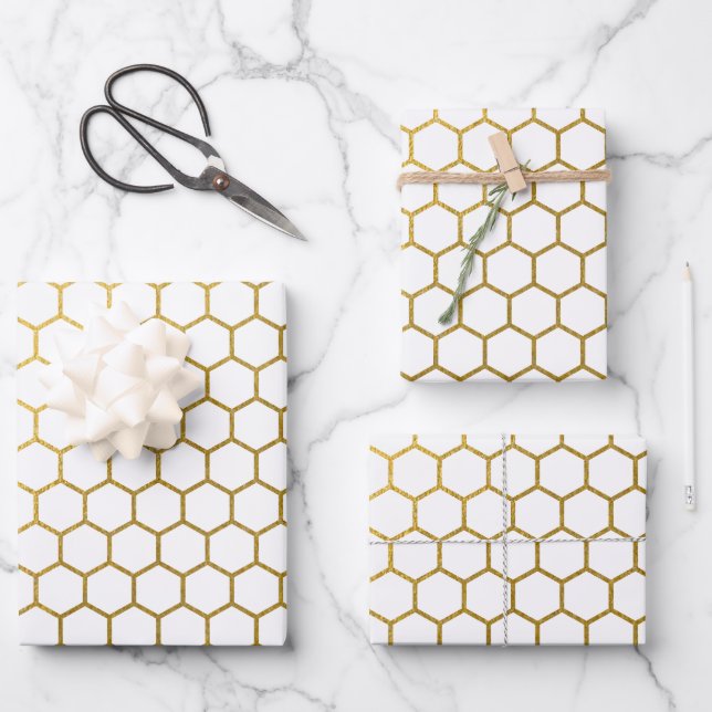 Feuille De Papier Cadeau Motif géométrique Hexagon blanc et or (Recto)