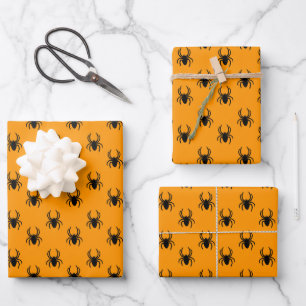 Feuille De Papier Cadeau Motif Halloween Araignées Orange Mignonnes
