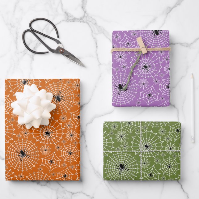 Feuille De Papier Cadeau Motif Halloween | Araignées sur toiles d'araignées (Recto)