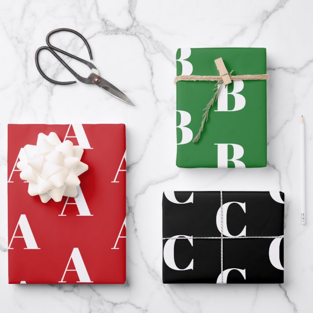 Feuille De Papier Cadeau Motif initial monogramme rouge vert noir personnal (Recto)