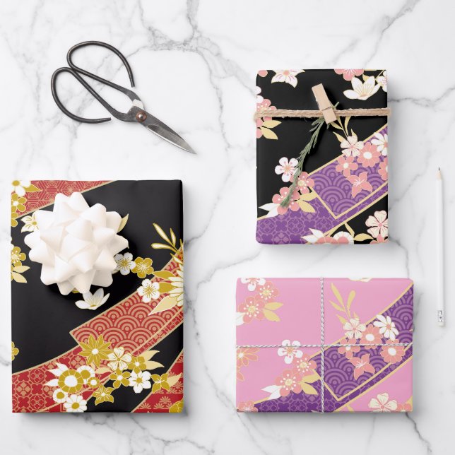 Feuille De Papier Cadeau Motif japonais Kimono Mix (Recto)