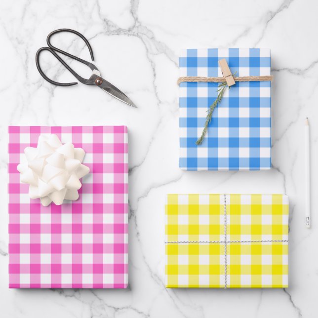 Feuille De Papier Cadeau Motif jaune rose En vichy rose (Recto)