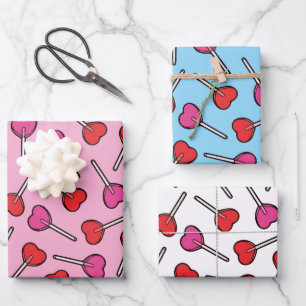 Feuille De Papier Cadeau Motif Lollipops Coeur Rouge et Rose
