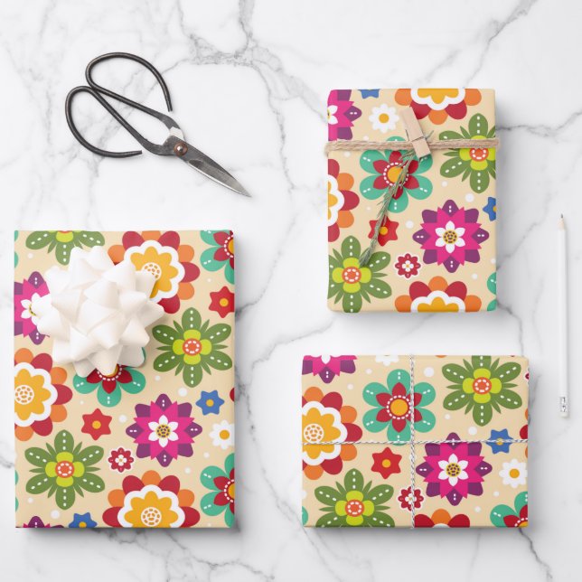 Feuille De Papier Cadeau Motif mexicain des fleurs d'art populaire (Recto)