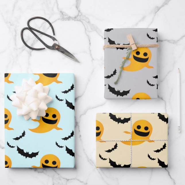 Feuille De Papier Cadeau Motif Mixte Petit Boo Ghost Bats Cadeau Halloween (Recto)