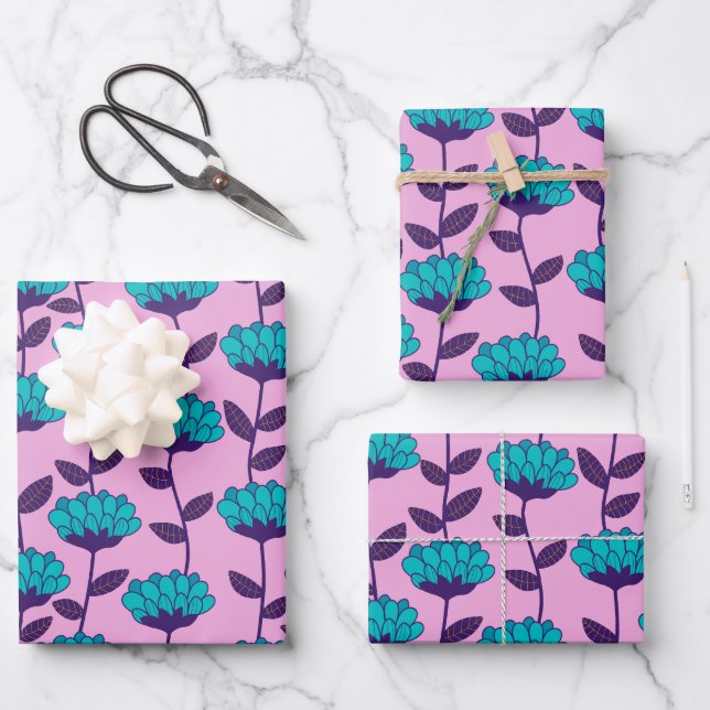 Feuille De Papier Cadeau Motif moderne de fleurs bleu rose (Recto)