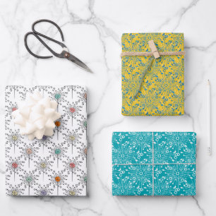 Feuille De Papier Cadeau Motif moderne Doodle Floral Yellow Blue Boho Hip