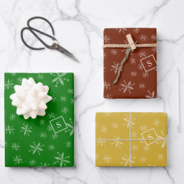 Feuille De Papier Cadeau Motif moderne Snowflake Monogramme rouge et vert