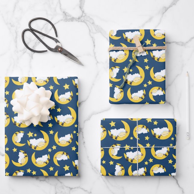 Feuille De Papier Cadeau Motif mouton, Mouton couché, Lune, Étoiles (Recto)