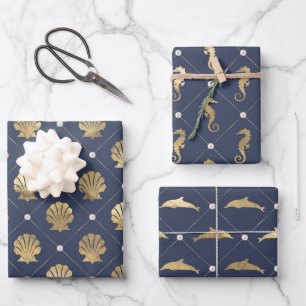 Feuille De Papier Cadeau Motif nautique bleu et or
