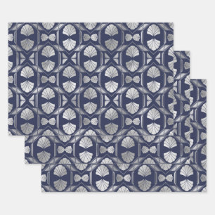 Feuille De Papier Cadeau Motif Navy Blue and Silver Art Deco Shell