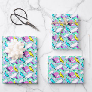 Feuille De Papier Cadeau Motif Neon Lightning Bolts & Stars