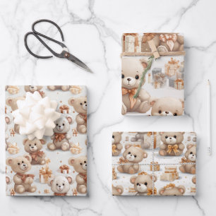 Feuille De Papier Cadeau Motif Nounours de Noël de coeur