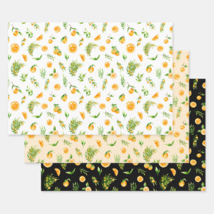 Feuille De Papier Cadeau Motif Oranges et Feuillage