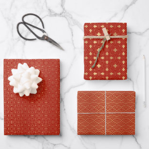 Feuille De Papier Cadeau Motif oriental d'or rouge