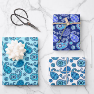 Feuille De Papier Cadeau Motif Paisley, nuances de bleu