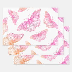 Feuille De Papier Cadeau Motif papillon rose orange
