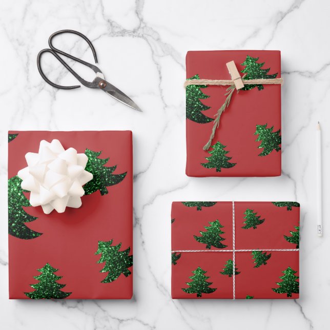 Feuille De Papier Cadeau Motif pétillant vert sapin de Noël (Recto)