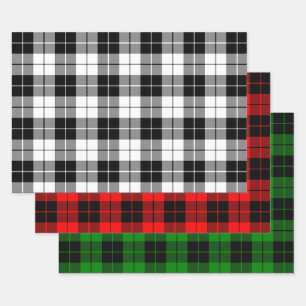 Feuille De Papier Cadeau Motif plaid noir et blanc, rouge et vert