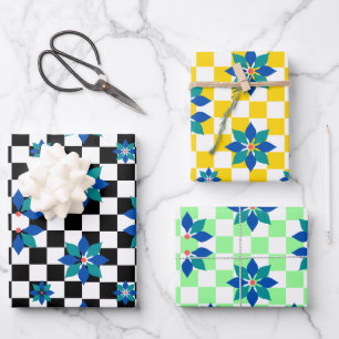 Feuille De Papier Cadeau Motif Retro Chess Checker fleurs bleues