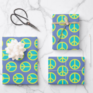 Feuille De Papier Cadeau Motif rétro hippie de paix en bleu 
