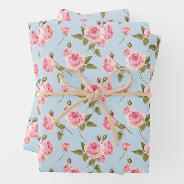 Feuille De Papier Cadeau Motif rose et Pois (En situation)