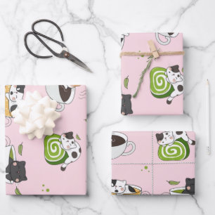 Feuille De Papier Cadeau Motif sans couture de chat Matcha Kawaii