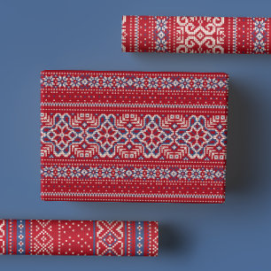 Feuille De Papier Cadeau Motif scandinave de Sweat d'hiver rouge et bleu