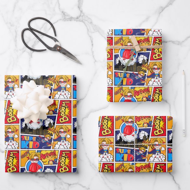 Feuille De Papier Cadeau motif super-héros carrelé (Recto)