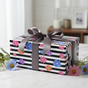 Feuille De Papier Cadeau Motif tendance Floral noir & blanc rayures