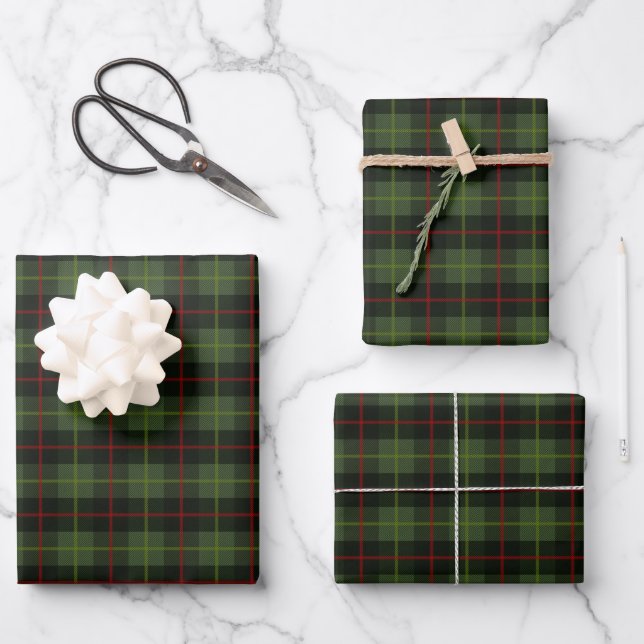 Feuille De Papier Cadeau Motif traditionnel rouge tartan vert foncé (Recto)