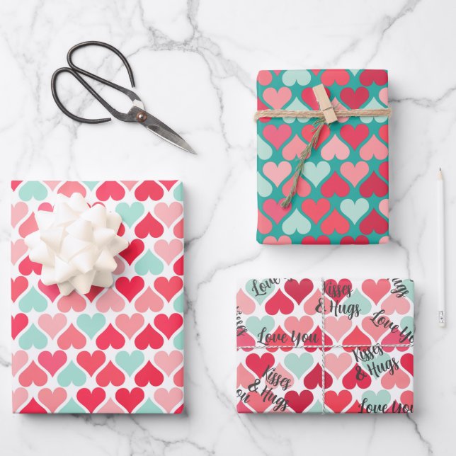 Feuille De Papier Cadeau Motif Turquoise rose inversé Valentine Coeurs (Recto)