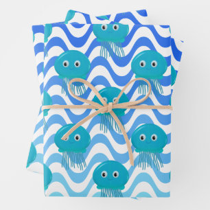 Feuille De Papier Cadeau Motif Vagues Bleues et Méduses Dégradées